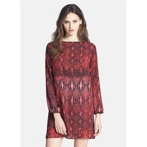 BB Dakota Red Snakeskin Print Sheer Mini Dress Size Small Long Sleeve Round Neck
